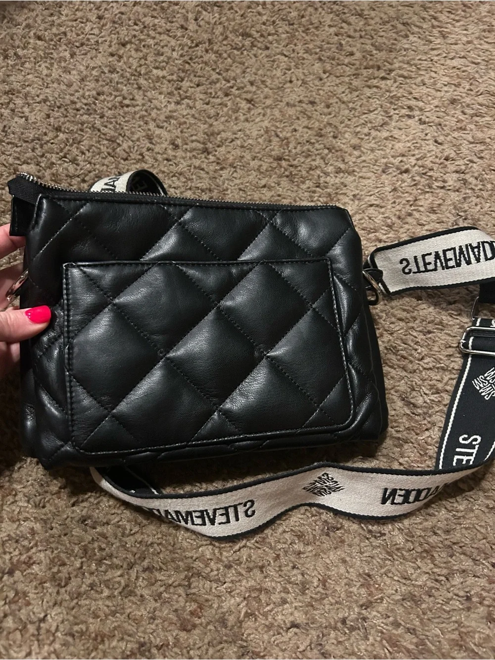 Steve Madden Black Quilted Messenger Bag with White Logo Strap